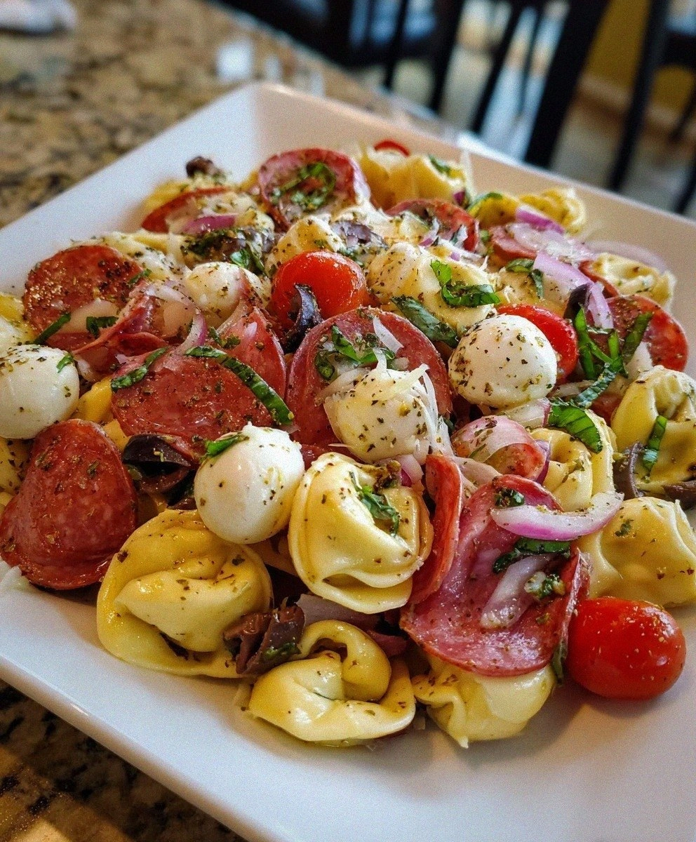 Italian Tortellini Pasta Salad with Salami and Mozzarella