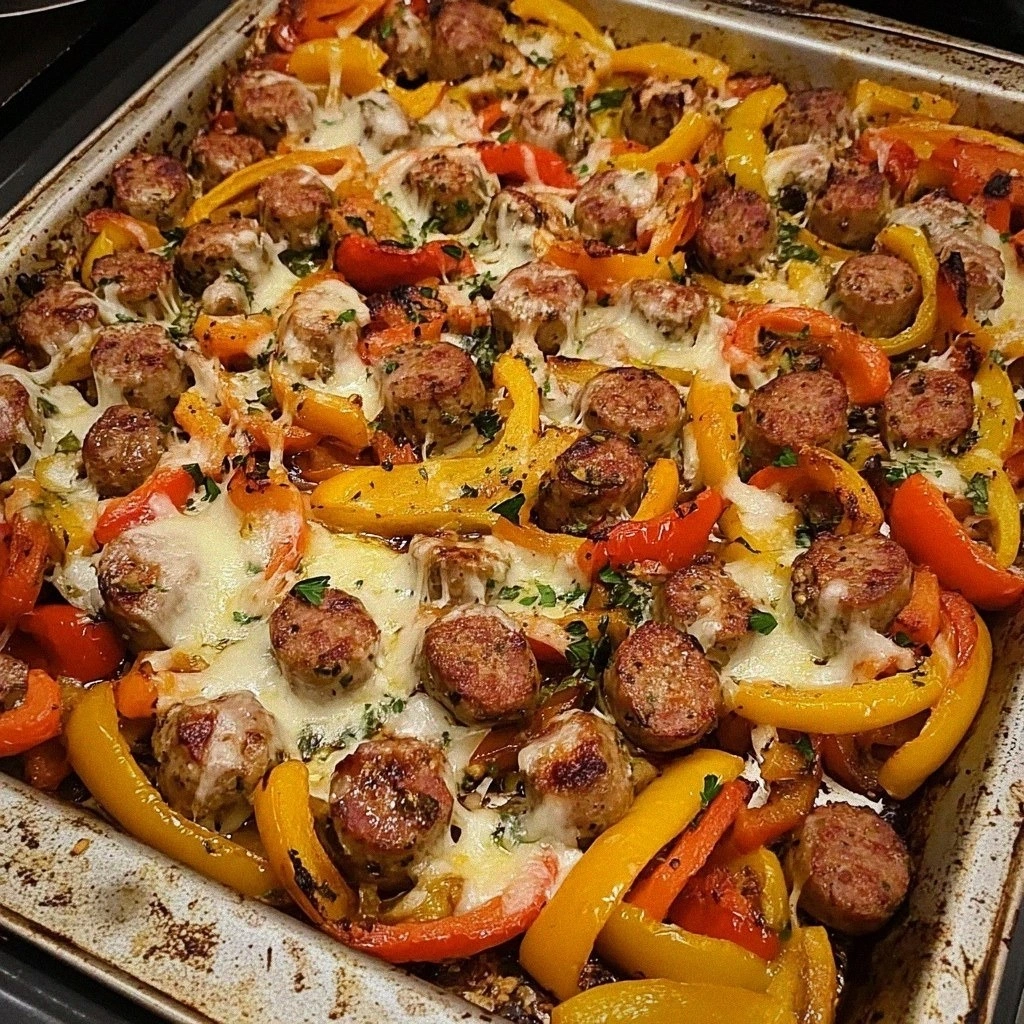 Make Sheet Pan Sausage and Peppers with Melty Cheese Tonight!