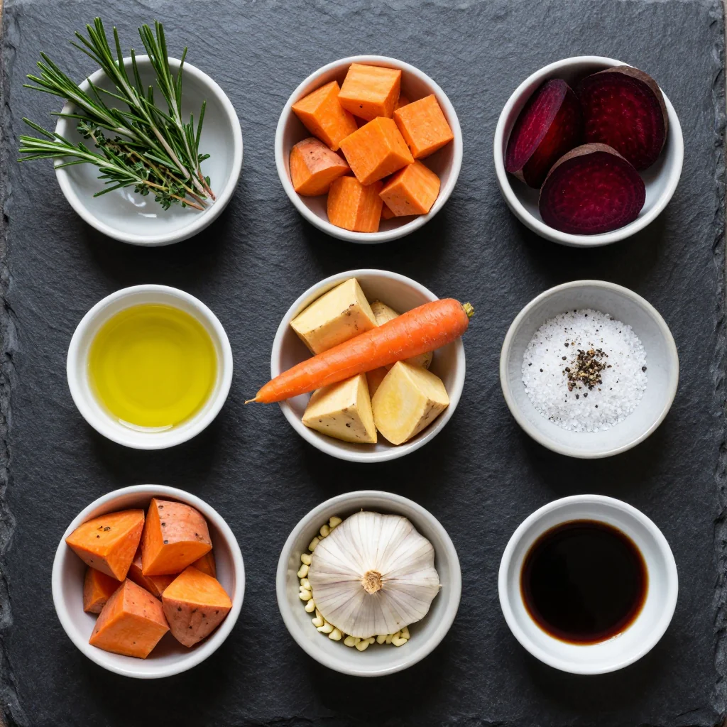 Ingredients for batch cooked roasted root vegetable medley for easy family suppers