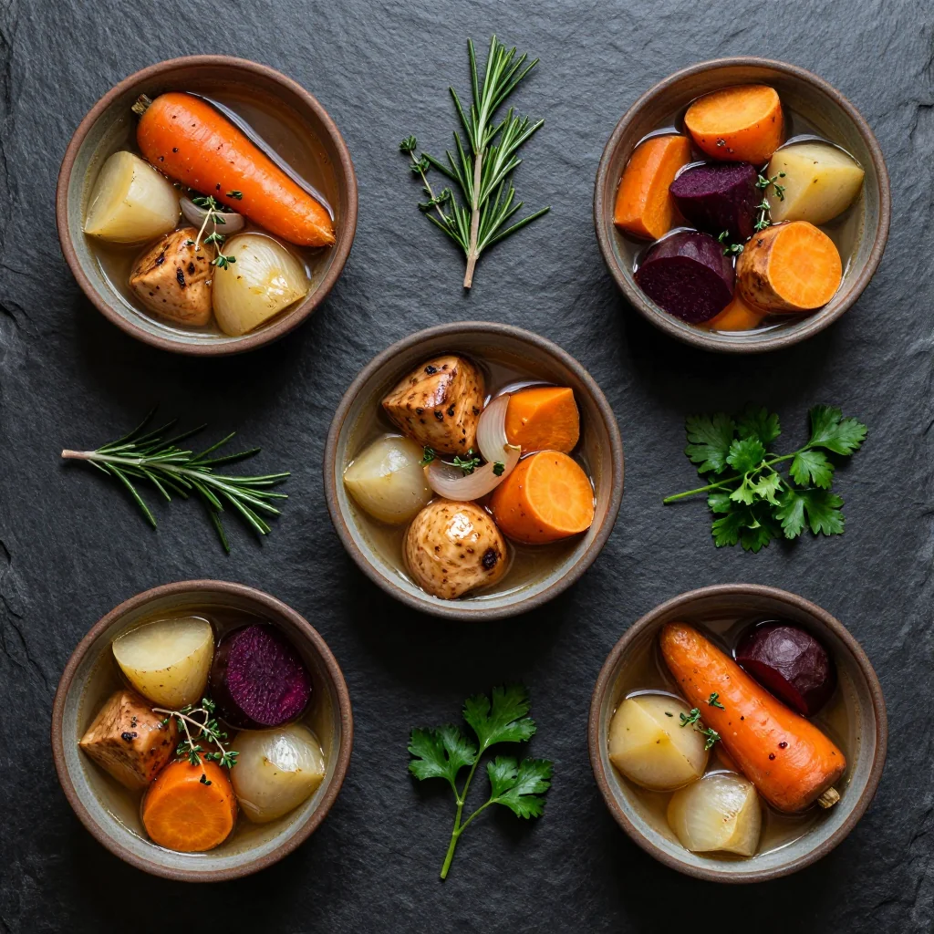 Ingredients for batch cooked root vegetable stews with fresh herbs for january