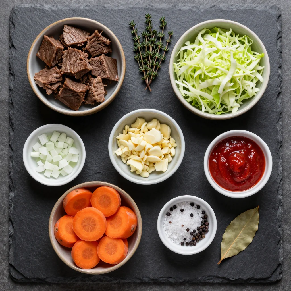 Ingredients for batch cooking friendly beef and cabbage stew with carrots