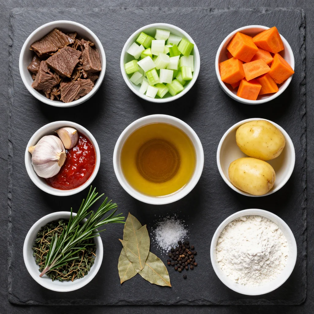Ingredients for batch cooking friendly slow cooker beef and vegetable stew with winter squash