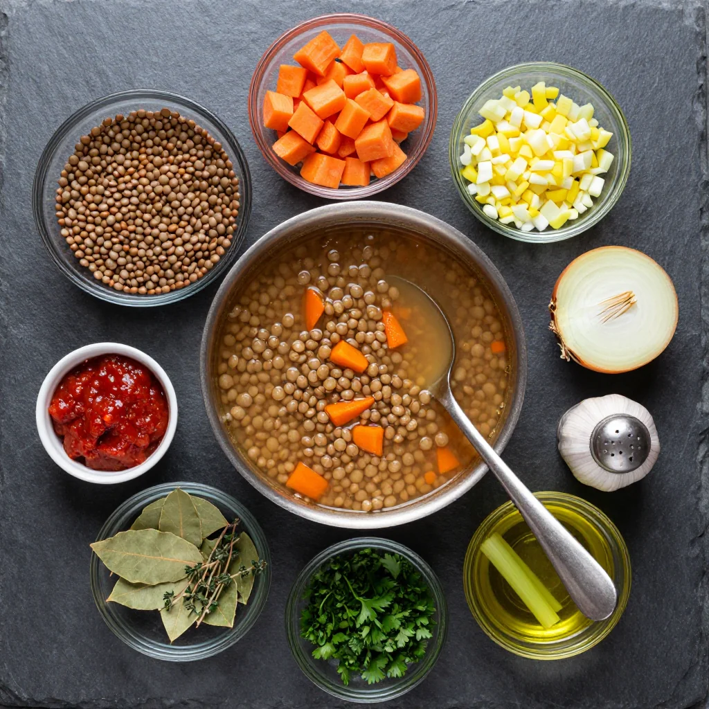 Ingredients for batch cooking hearty lentil and carrot soup with fresh herbs