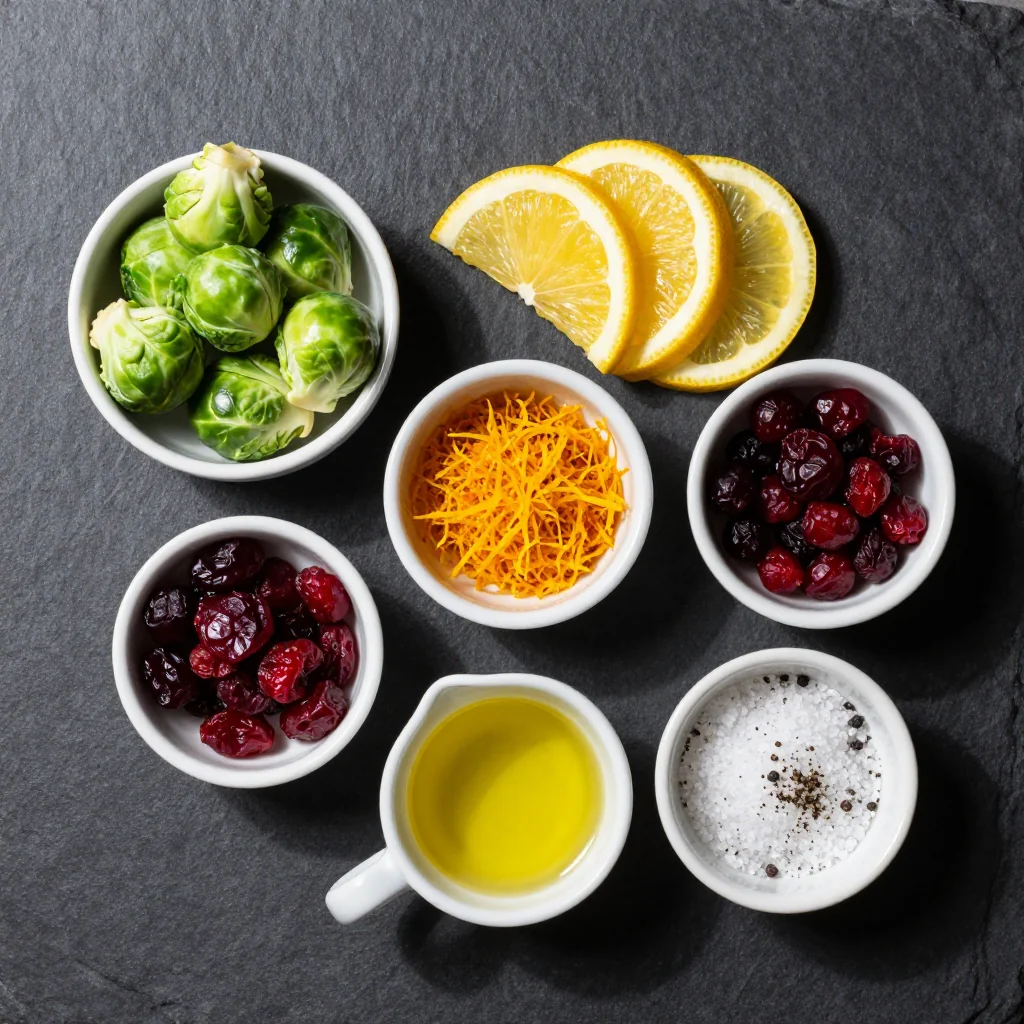 Fresh Brussels sprouts, citrus fruits, and cranberries arranged on a wooden board