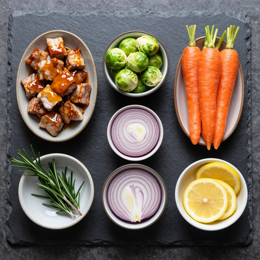 Ingredients for citrus glazed pork loin with roasted winter vegetables for dinner