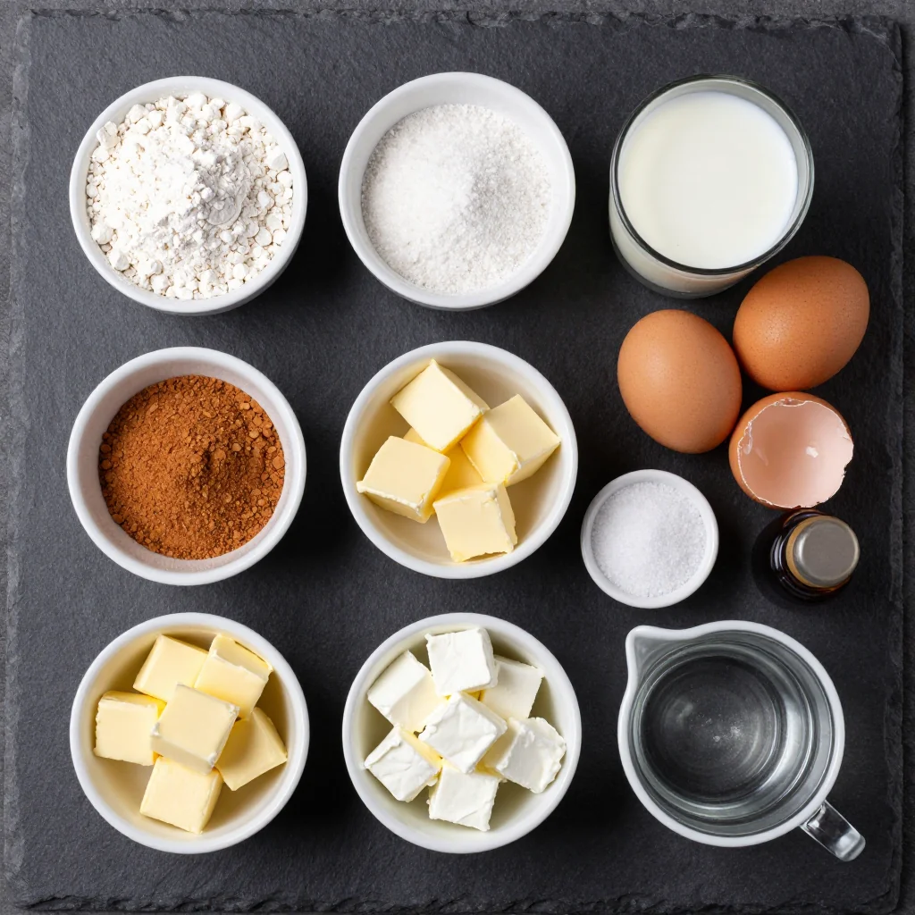 Ingredients for classic cinnamon roll casserole with cream cheese frosting for brunch