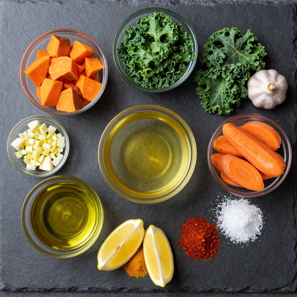 Ingredients for clean eating sweet potato and kale soup for postholiday detox