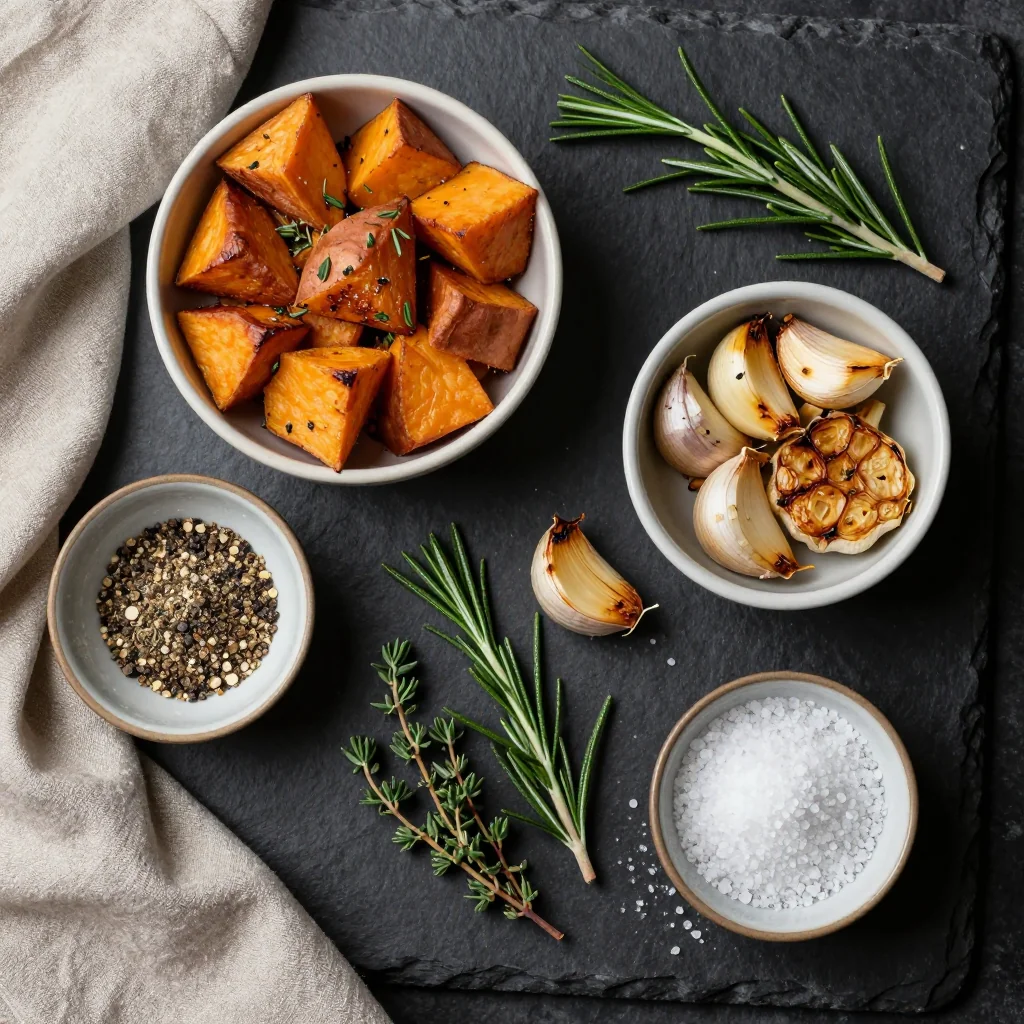 Ingredients for cozy garlic and herb roasted sweet potatoes for cold winter nights