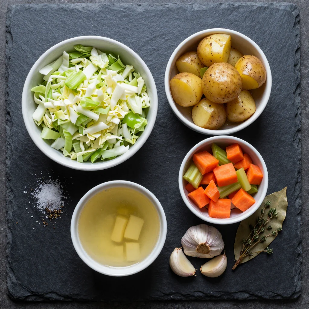 Ingredients for cozy one pot winter vegetable stew with cabbage and potatoes