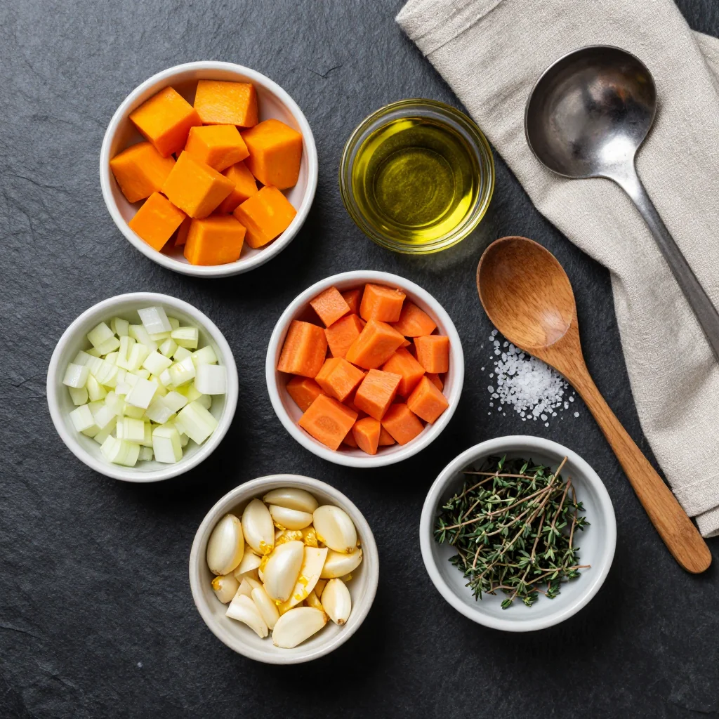 Ingredients for cozy onepot winter squash and carrot soup for family suppers