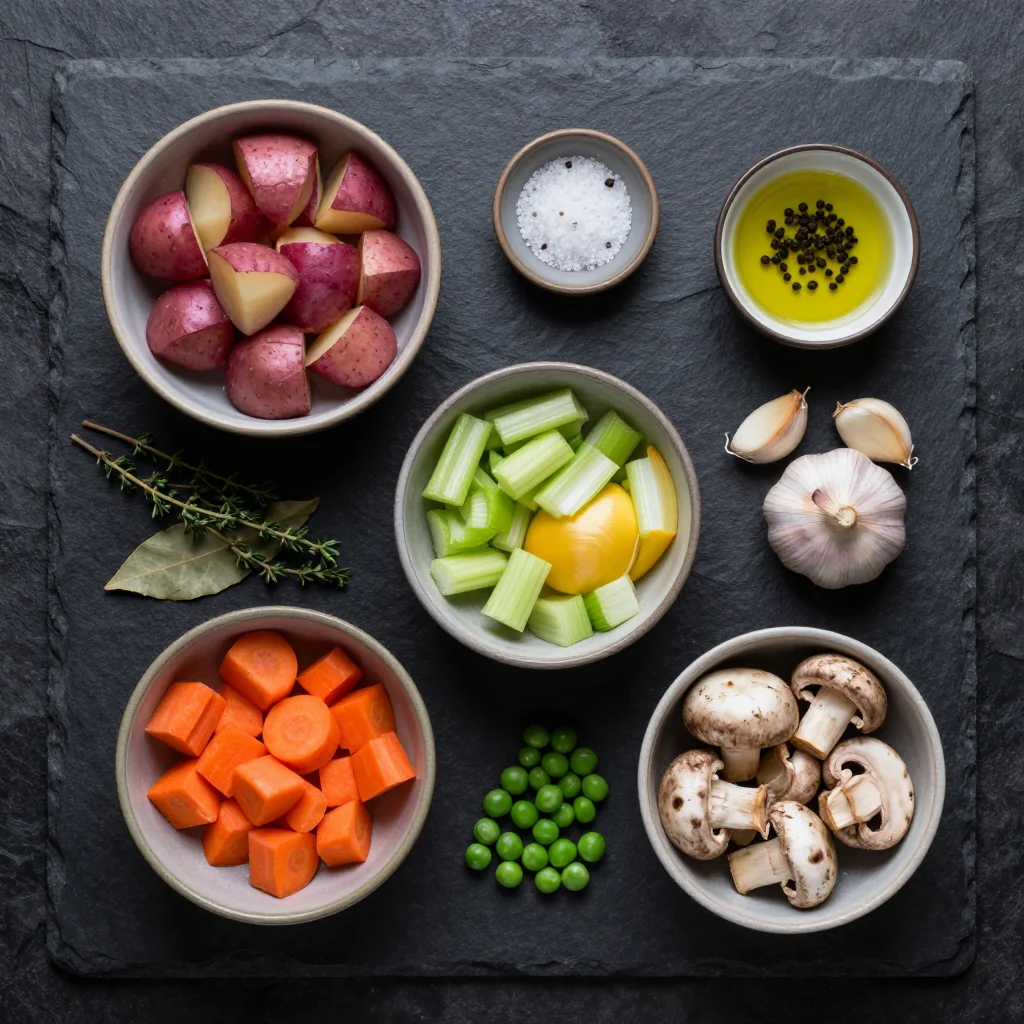 Ingredients laid out in small white bowls on a wooden board: chunked potatoes, rainbow carrots, diced onion, tomato paste, herbs, and a tiny ramekin of smoked paprika.