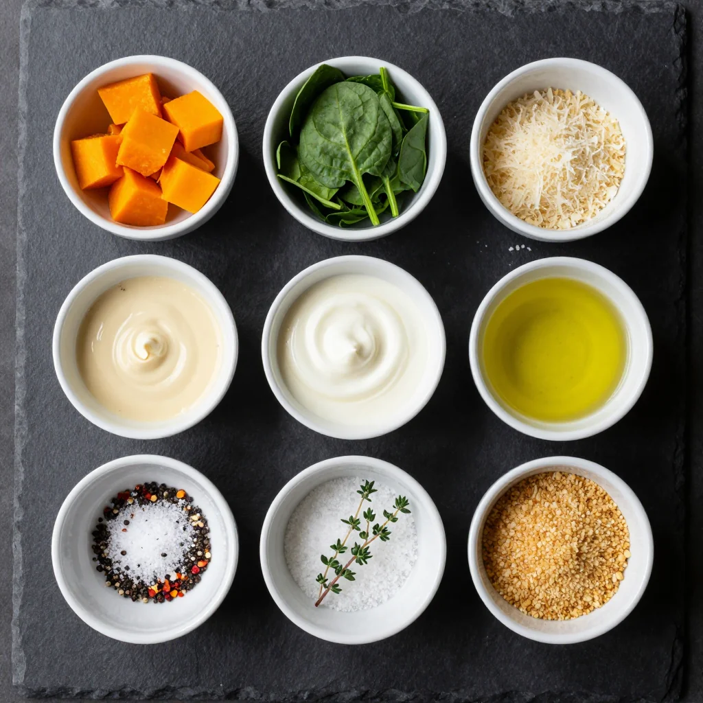 Ingredients for creamy butternut squash and spinach casserole for slow mornings