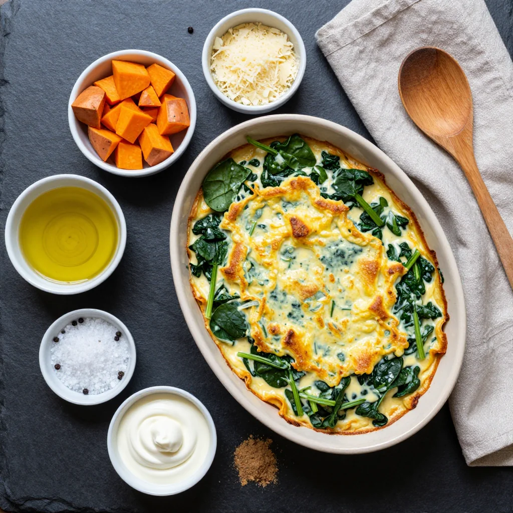 Ingredients for creamy spinach and sweet potato bake for warm january breakfasts