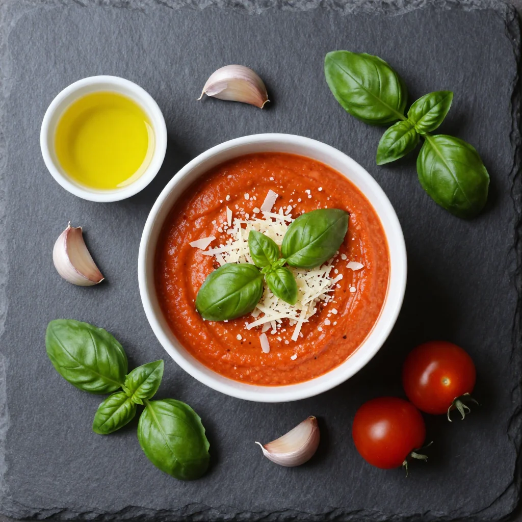 Fresh ingredients arranged for tomato bisque including ripe tomatoes, basil, cream, and parmesan