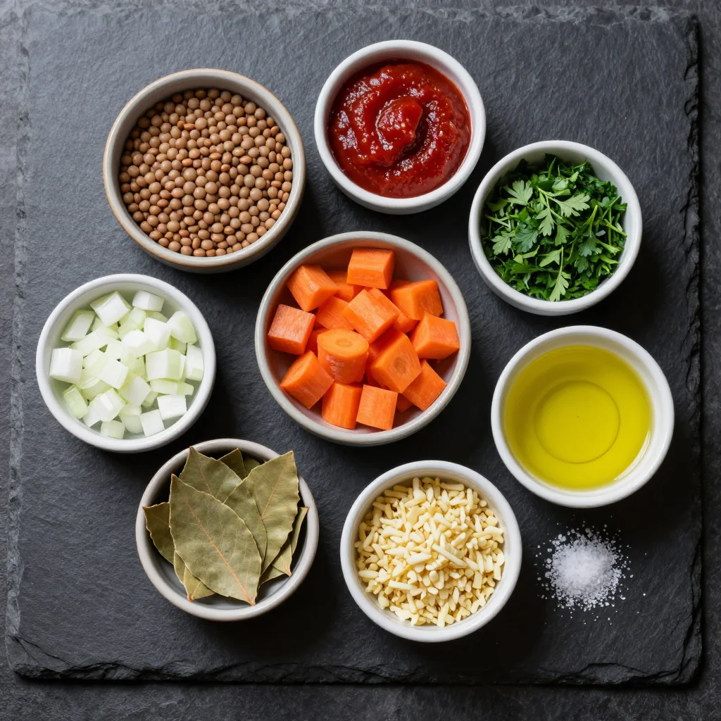 Ingredients for easy batch-cooked lentil and carrot stew with fresh herbs