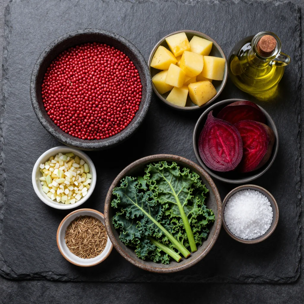 Ingredients for easy onepot lentil soup with beets potatoes and winter greens