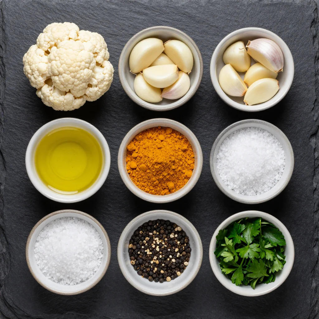 Fresh cauliflower, garlic, turmeric, and herbs arranged on a wooden board