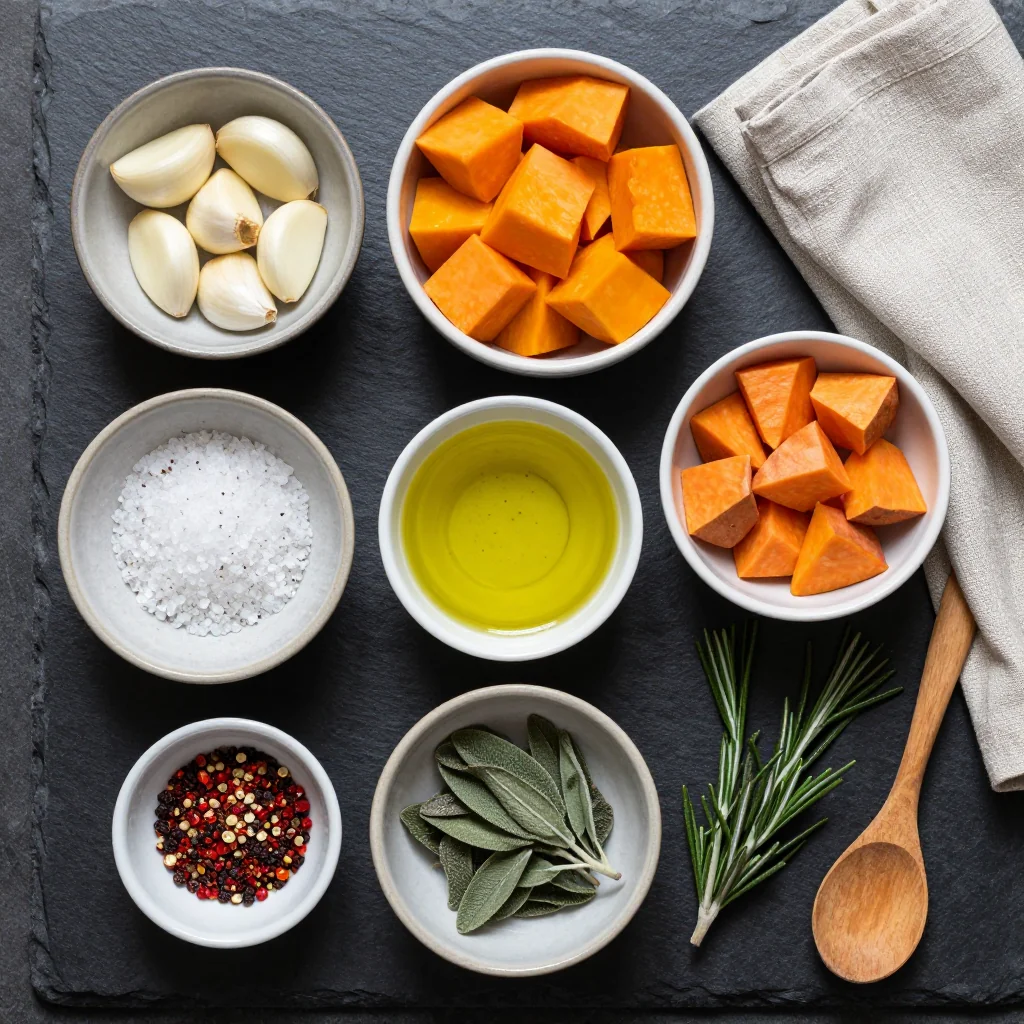 Ingredients for healthy garlic roasted winter squash and sweet potatoes for dinner