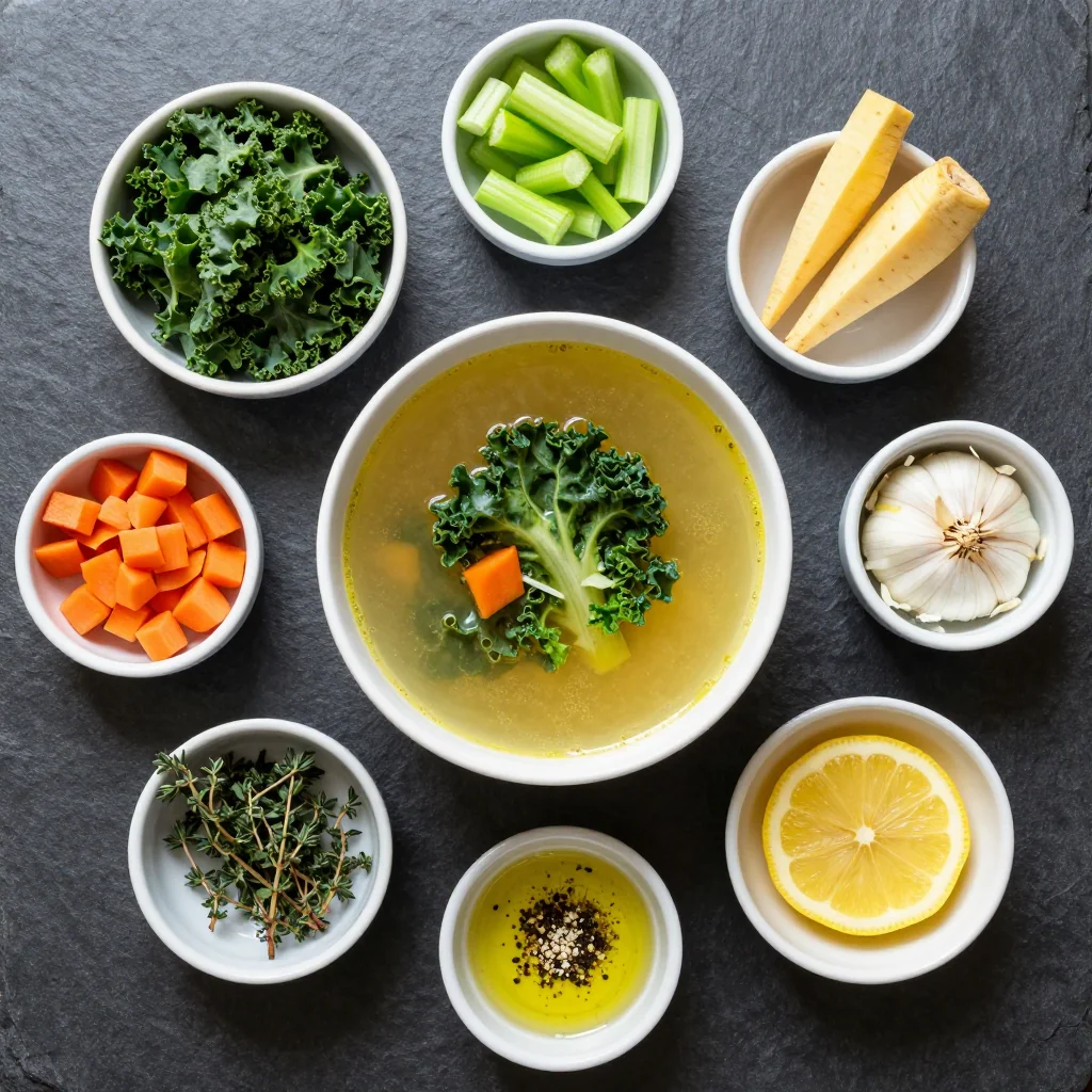 Ingredients for healthy lemon and kale soup with winter vegetables for clean eating