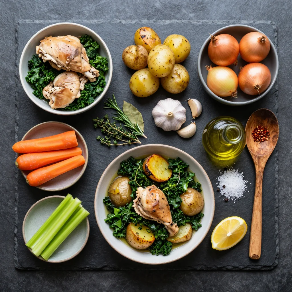 Ingredients for hearty one-pot chicken and kale stew with roasted potatoes