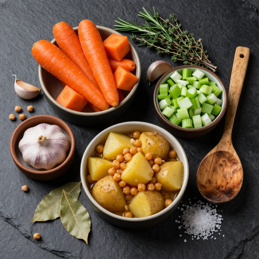 Ingredients for hearty winter vegetable and chickpea stew for cozy family dinners