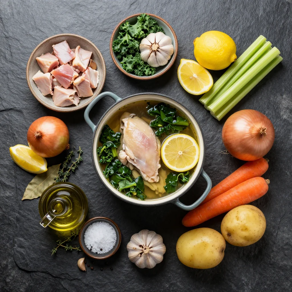 Ingredients for one pot chicken and kale stew with garlic and lemon for family dinners