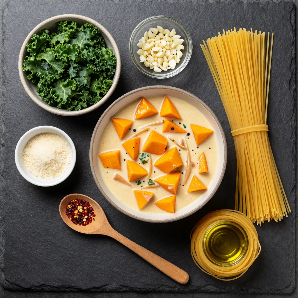 Ingredients for one pot creamy butternut squash and kale pasta for weeknight comfort