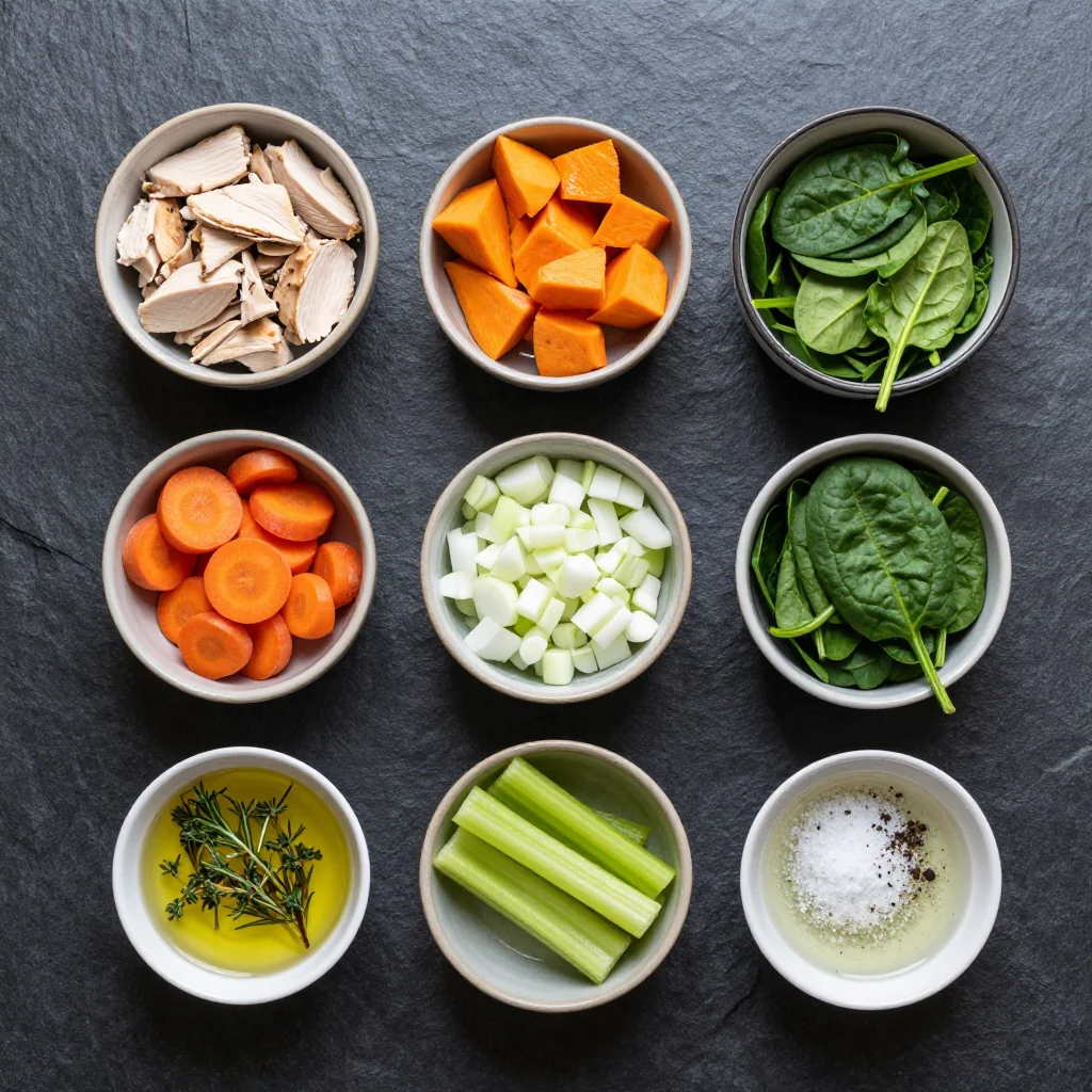 Ingredients for one pot healthy chicken and winter vegetable stew with spinach