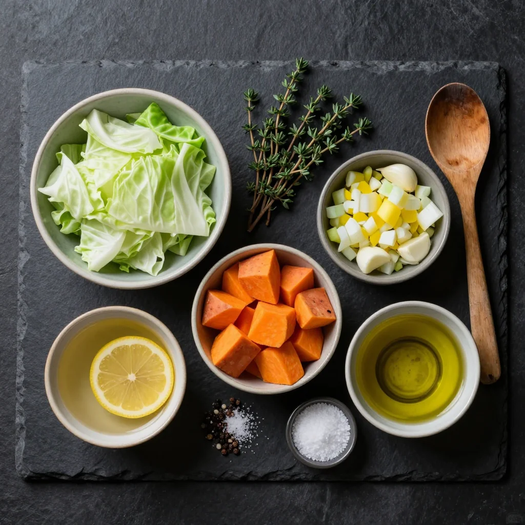 Ingredients for onepot cabbage and sweet potato soup with lemon for clean eating