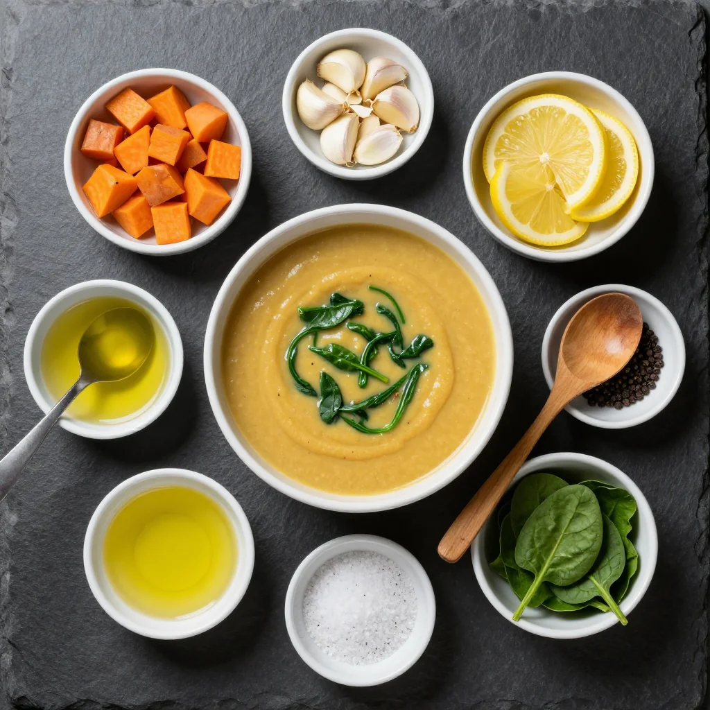 Ingredients for onepot garlic and lemon sweet potato soup with spinach for cozy evenings