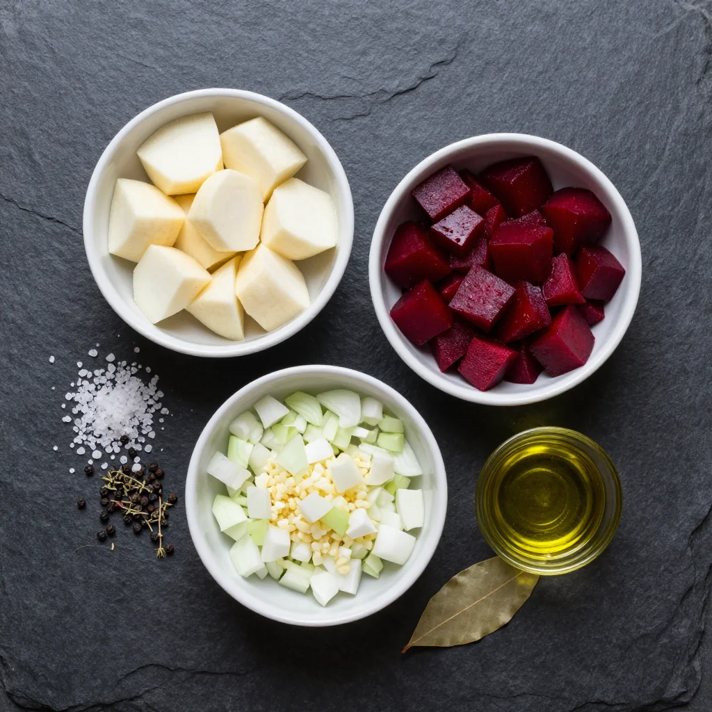 Ingredients for pantry cleanout vegetable stew with parsnips and beets