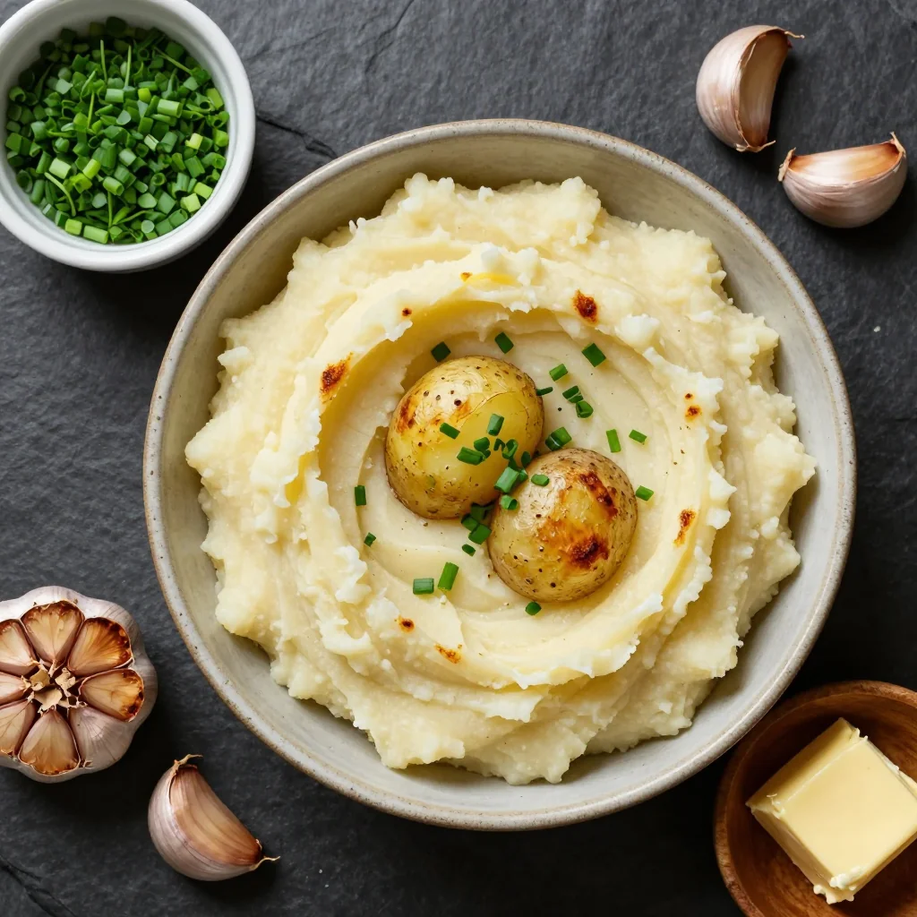 Ingredients for roasted garlic mashed potatoes with chives for perfect holiday sides