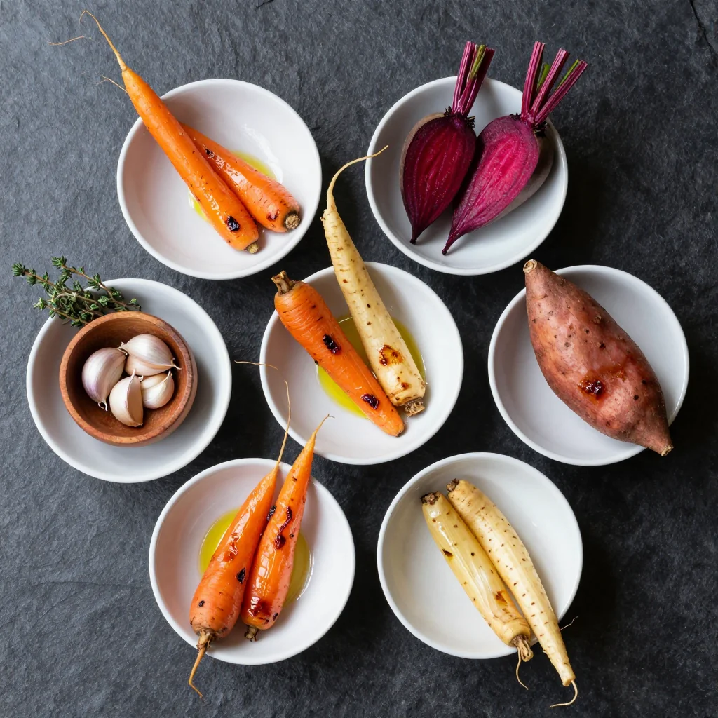 Ingredients for savory roasted root vegetable medley with garlic and fresh thyme for winter