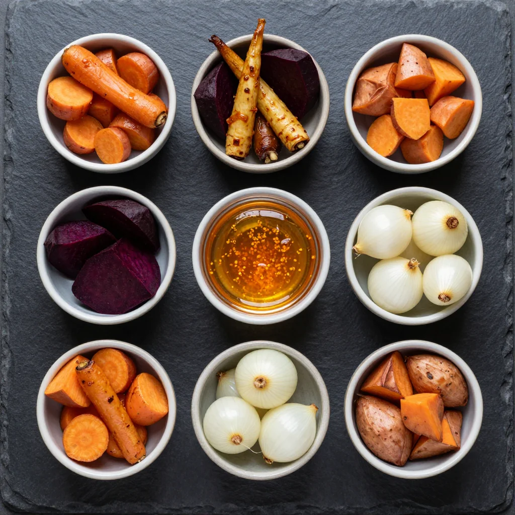 Ingredients for savory roasted root vegetables with citrus glaze for family dinners