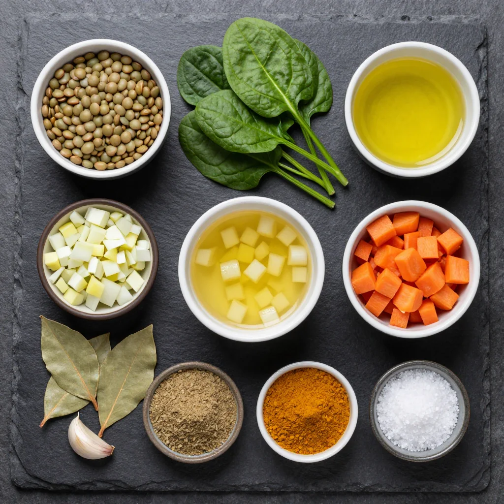 Ingredients for simple slow cooker lentil and spinach stew for family dinners