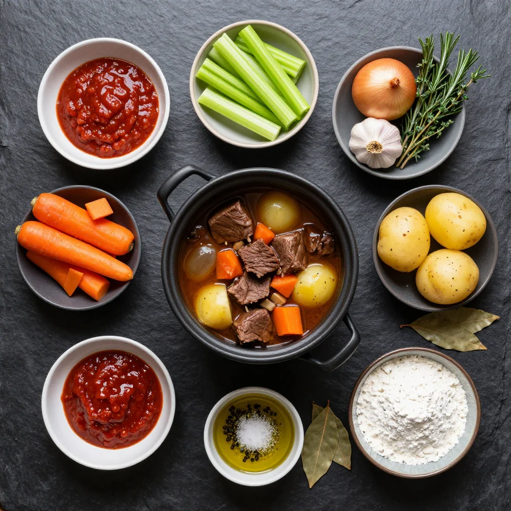 Ingredients for slow cooker beef stew with winter vegetables and potatoes for cozy nights