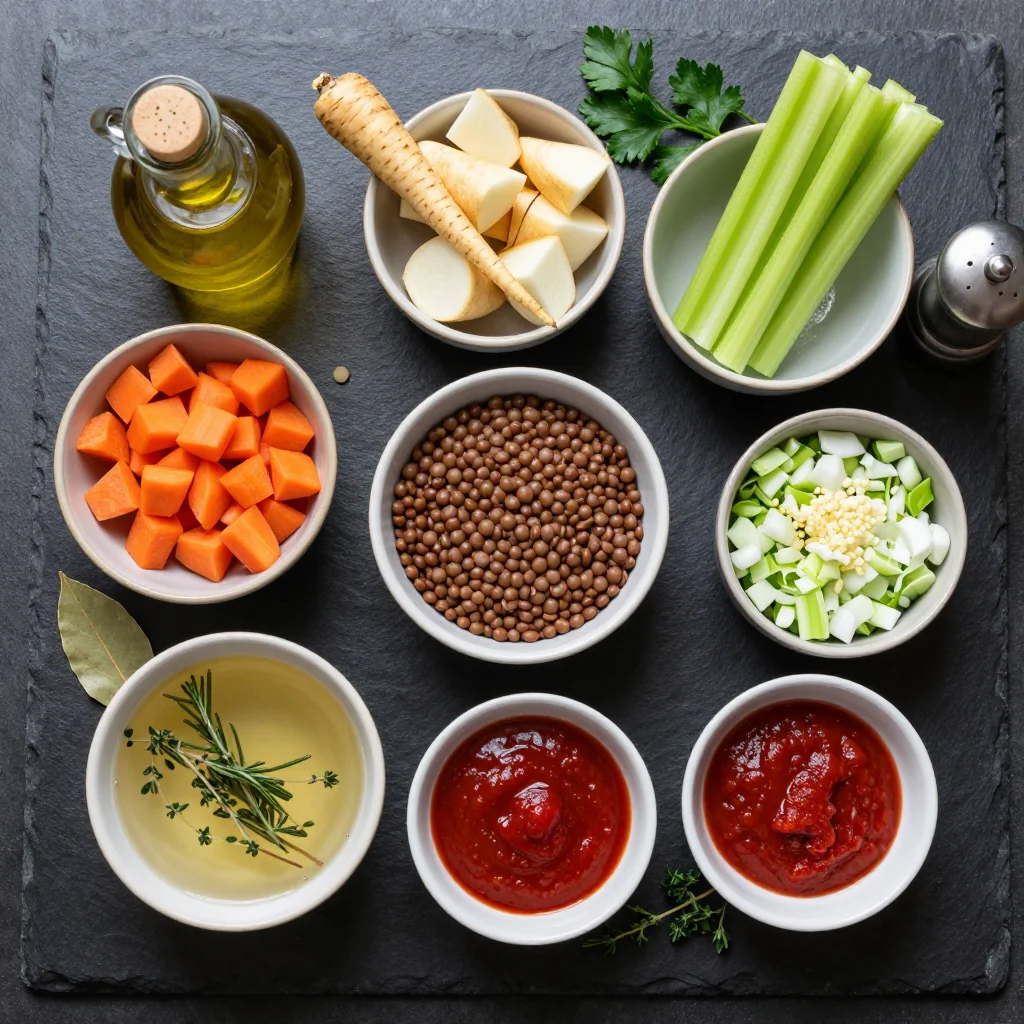 Ingredients for slow cooker root vegetable and lentil stew with cabbage and fresh herbs