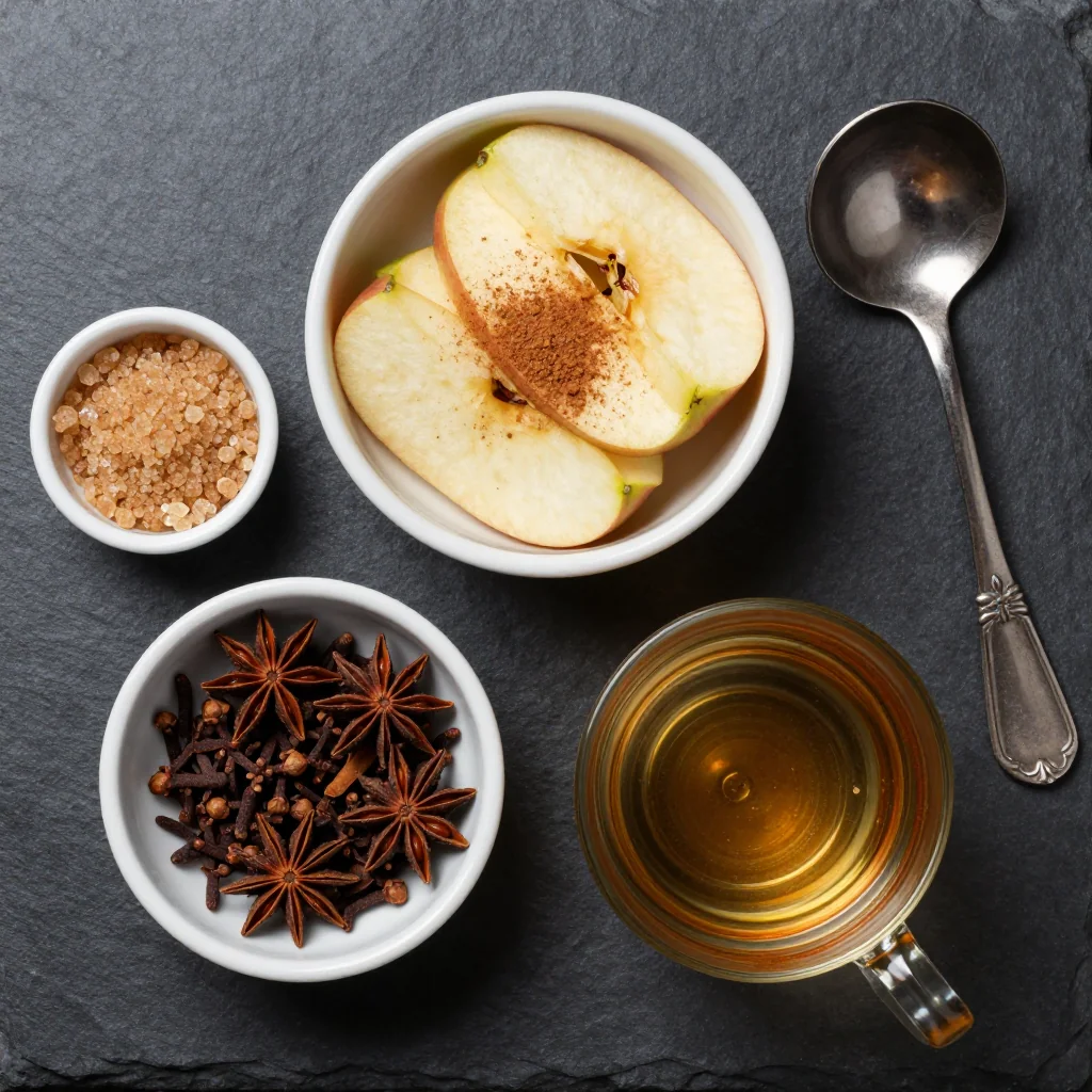 Ingredients for warm cinnamon apple cider with cloves and star anise for holiday cheers