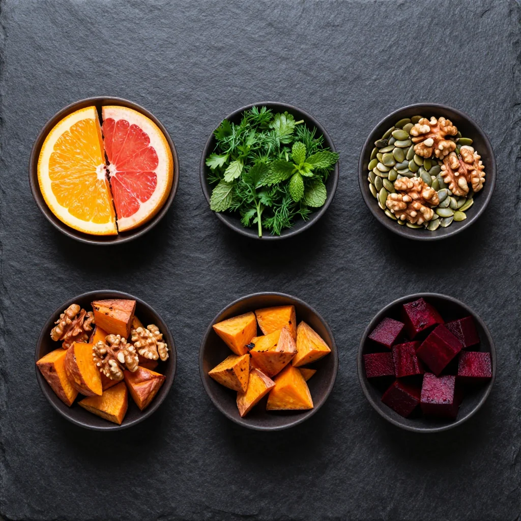 Fresh sweet potatoes, beets, citrus fruits, and herbs arranged on a wooden cutting board