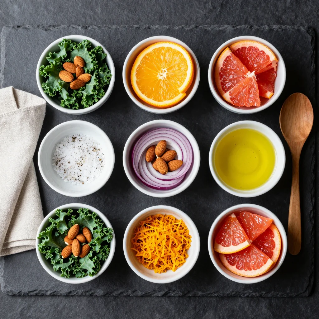 Ingredients for warm citrus and kale salad with toasted almonds for clean eating