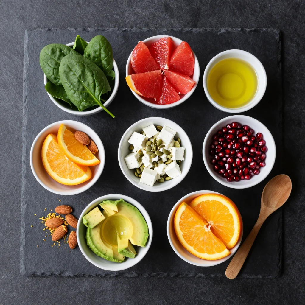 Ingredients for warm citrus salad with spinach and grapefruit for new year family breakfasts
