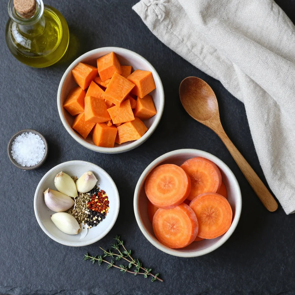 Ingredients for warm creamy sweet potato and carrot soup for slow january mornings