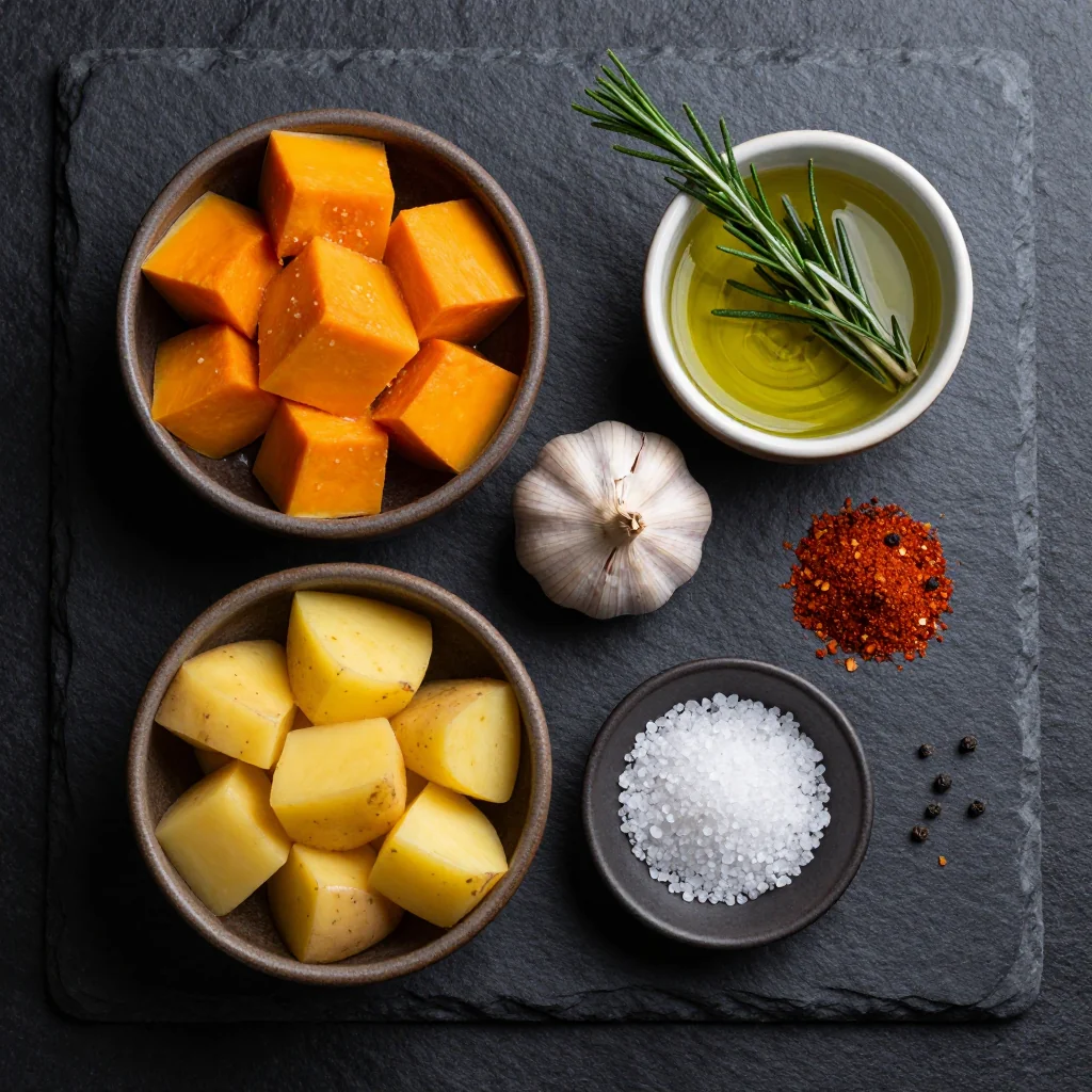 Ingredients for warm garlic and rosemary roasted winter squash and potatoes for families