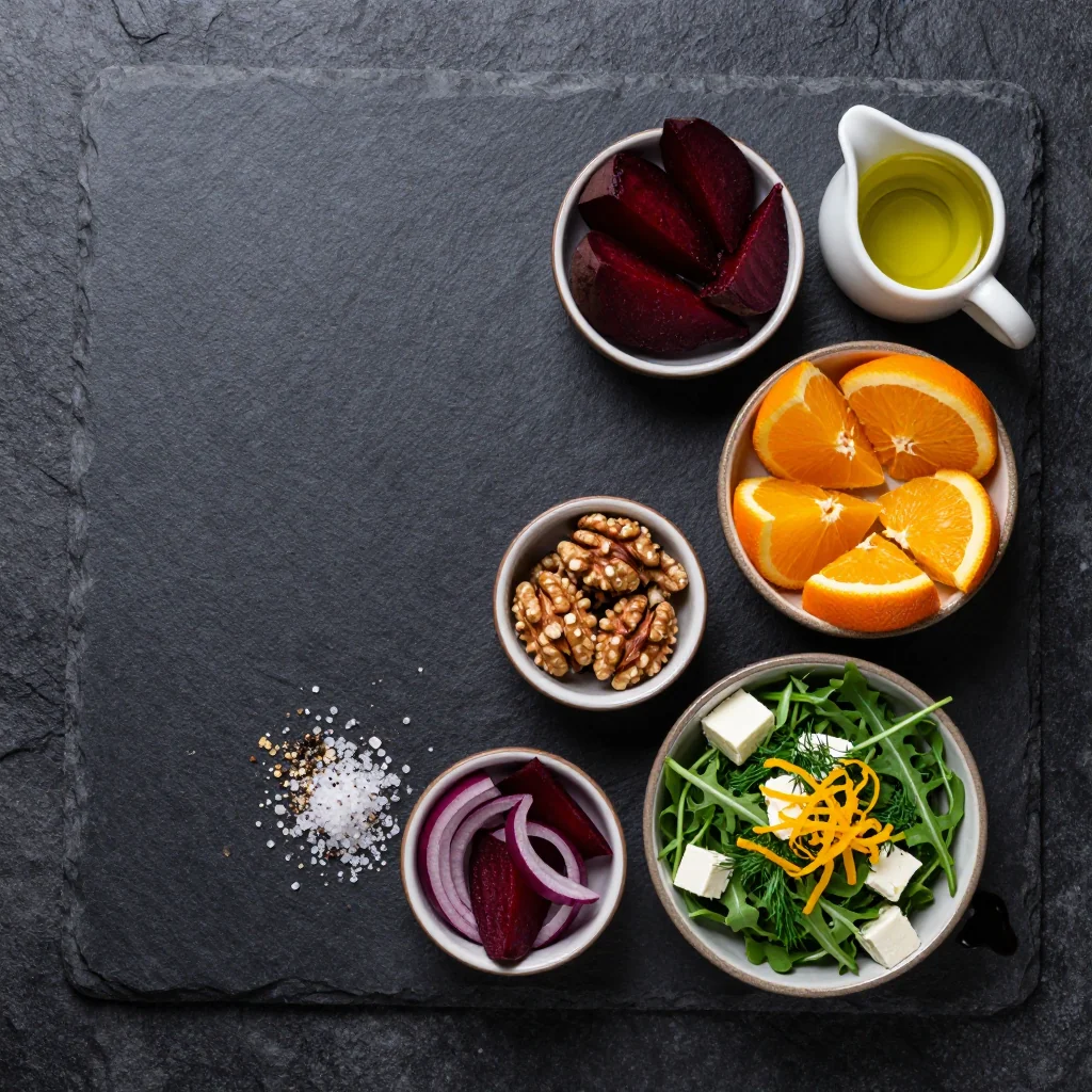 Ingredients for warm roasted beet and orange salad with toasted walnuts for january