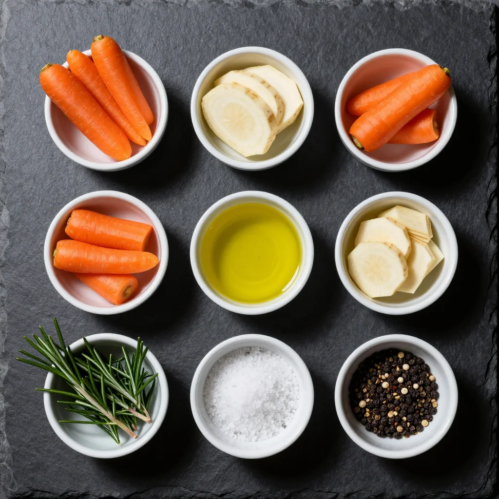 Ingredients for warm roasted parsnips and carrots with fresh rosemary