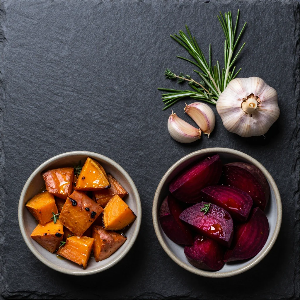 Purple cutting board scattered with cubed orange sweet potatoes, ruby beets, whole garlic bulbs, thyme sprigs, and a tiny bowl of maple-mustard dressing