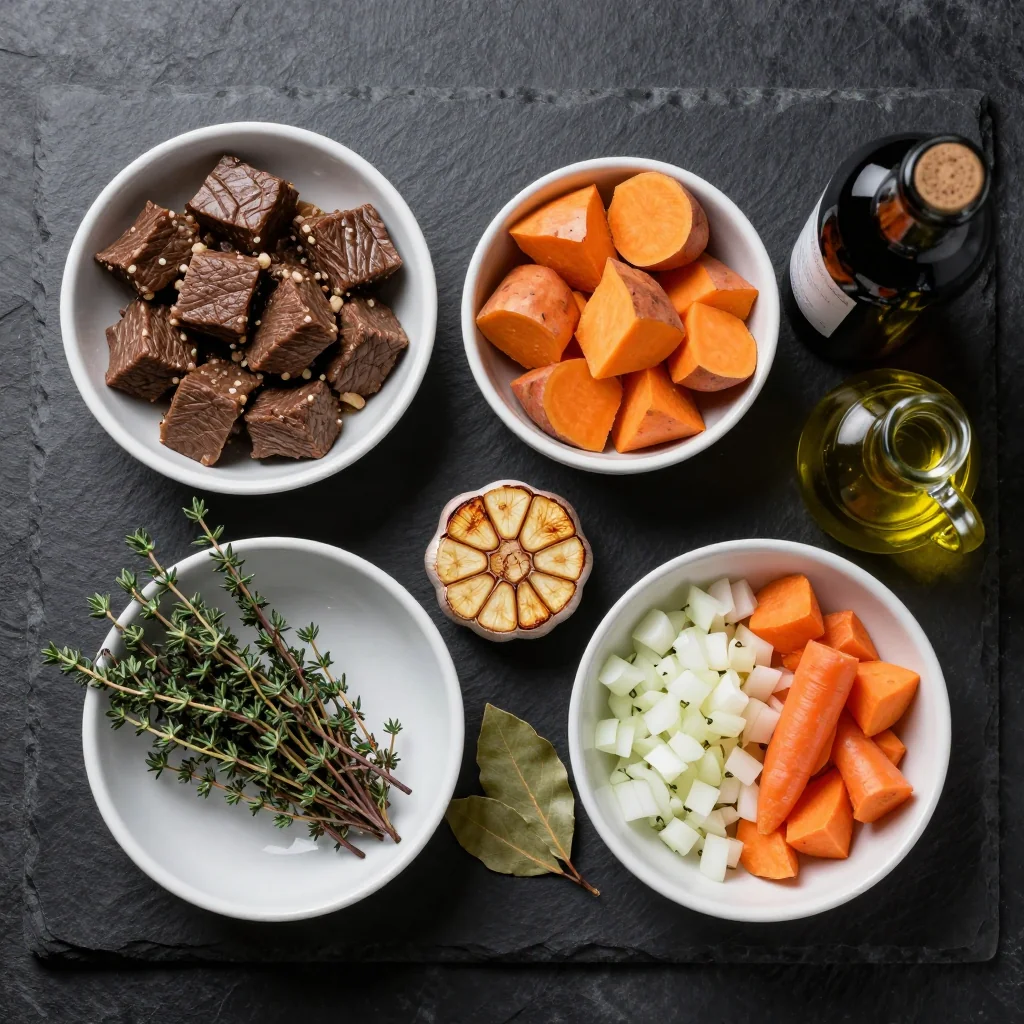 Ingredients for warm slow cooker beef stew with sweet potato and roasted garlic