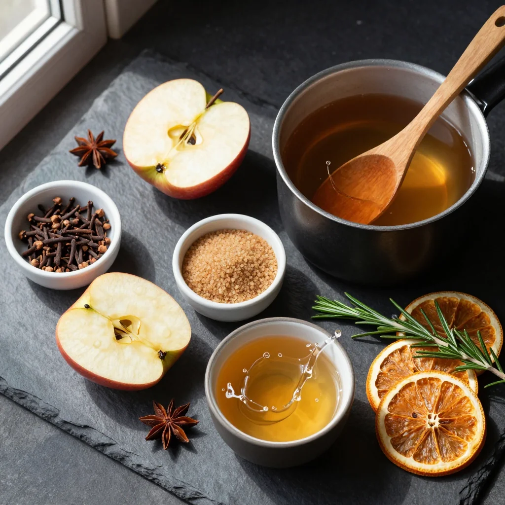 Ingredients for warm spiced apple cider with cinnamon and cloves for winter evenings
