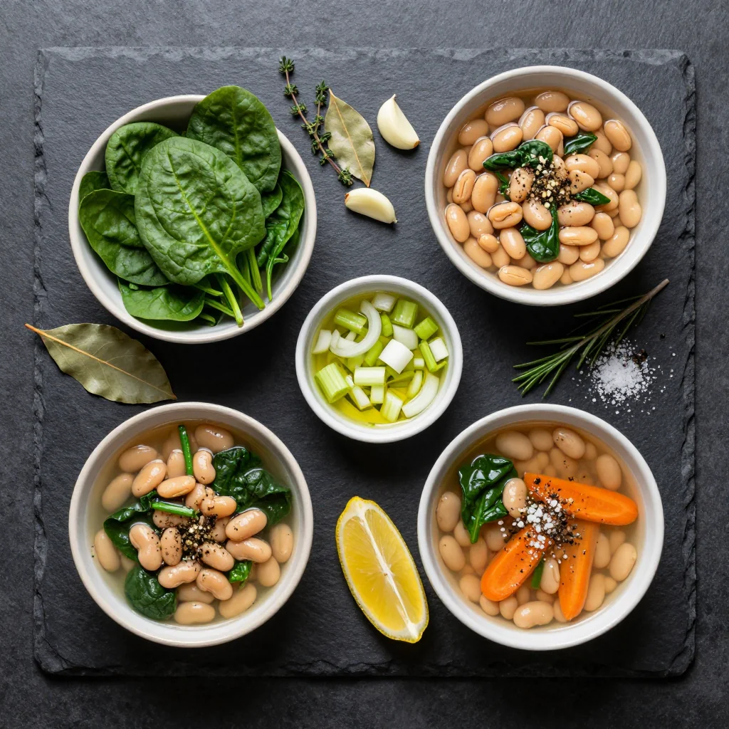 Ingredients for warm spinach and white bean soup with garlic and herbs