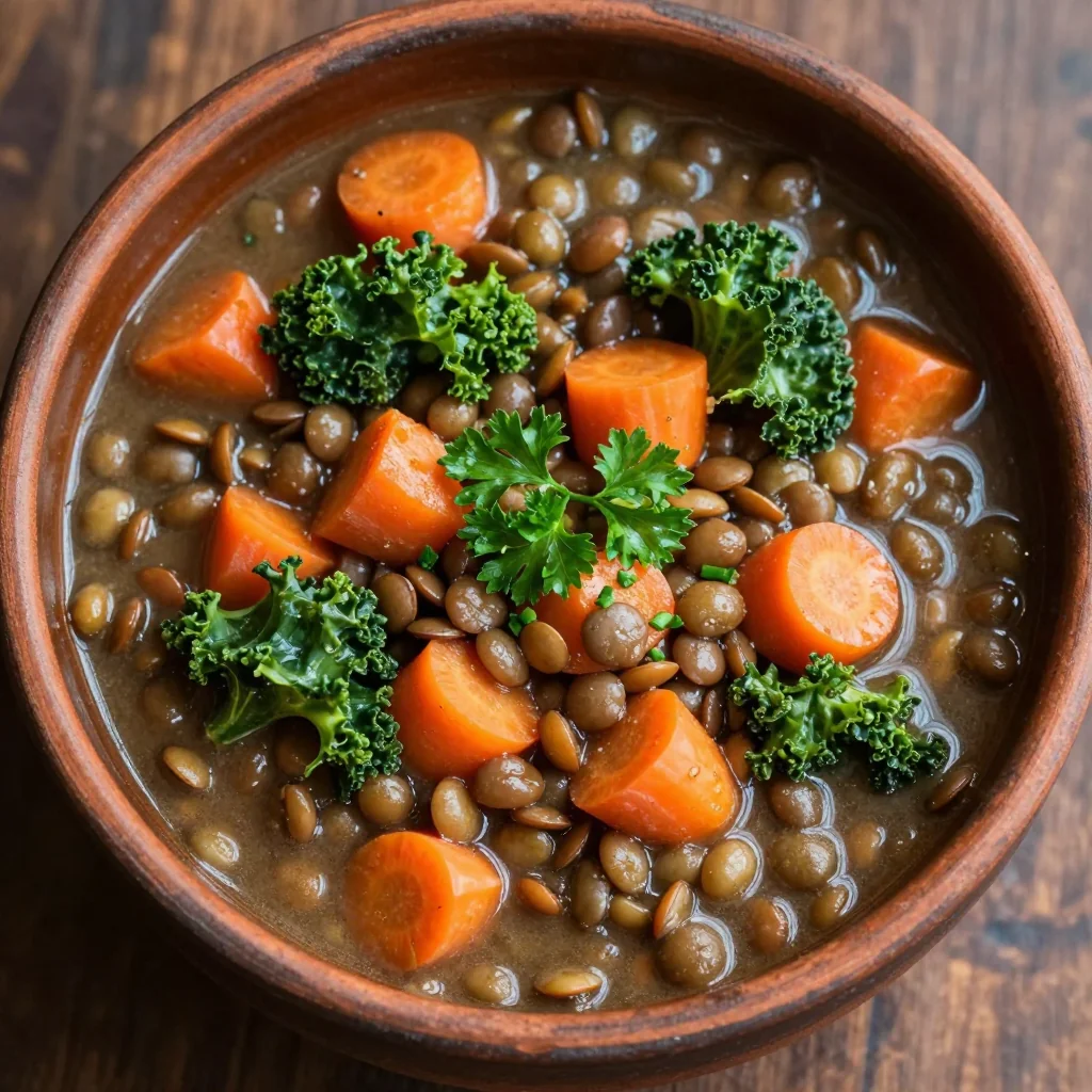 batch cook garlic and herb lentil stew with carrots and kale